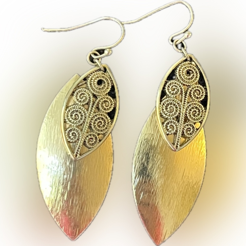 Gold Tone Leaf Boho Drop Earrings
